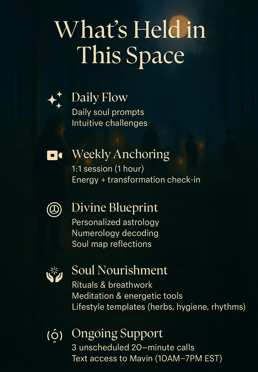 Visual breakdown of The Mavin Strategy's spiritual coaching container. Offers include: Daily soul prompts and challenges, weekly 1-on-1 sessions, personalized astrology and numerology (Divine Blueprint), soul nourishment through rituals and breathwork, and