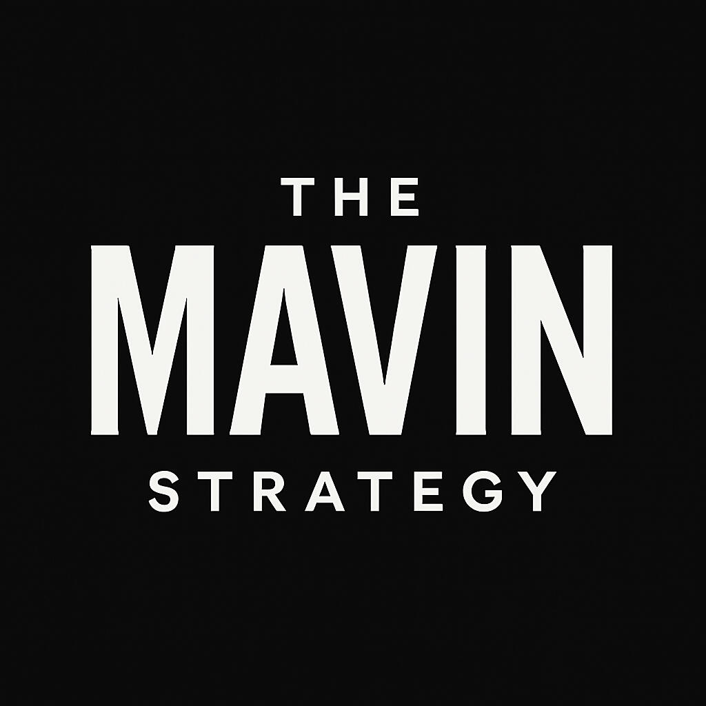 Logo “The Mavin Strategy logo featuring a bold, serif font with a crescent moon above the 'i' in ‘Mavin,’ symbolizing intuition and divine alignment. Designed in an elegant, minimal style to reflect spiritual coaching and soul guidance.”